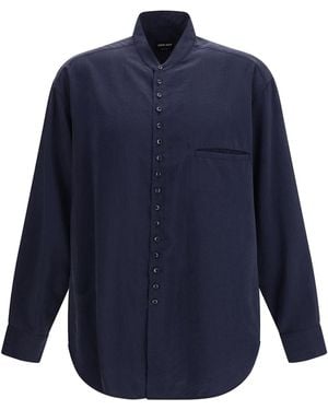 Giorgio Armani Washed Silk Shirt With Band Collar - Blue