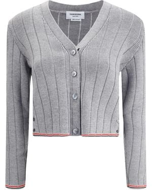 Thom Browne Ladder Full Needle Rib Stitch V Neck Car - Grey