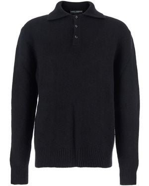 Dolce & Gabbana Wool Polo Collar Jumper With Logo Patch Polyamide - Blue