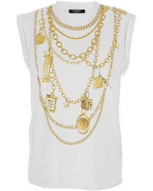 Balmain Sleeveless Top With Maxi Necklace Print On Front And Rear - White