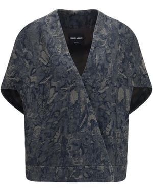 Giorgio Armani Jacket Oversized Floral Jacquard Denim Cotton Blazers & Vests - Blue