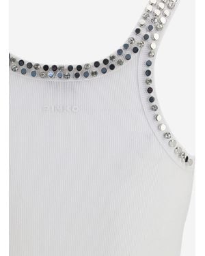 Pinko Ribbed Top With Jewel Embroidery Cotton Tops - Metallic