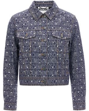 Moschino Cotton Denim Blend Jacket With Signature Logo Pattern - Blue