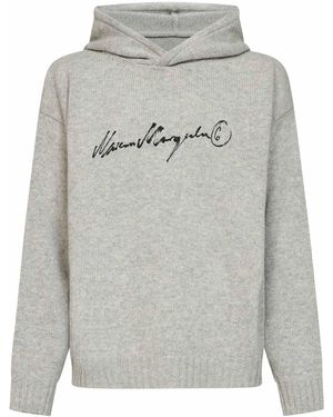 MM6 by Maison Margiela Melange Wool Blend Knit Hoodie With Signature - Grey