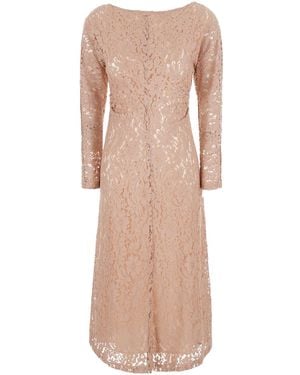 Le Plain Long V-Neck Dress With Lace Sleeves - Natural