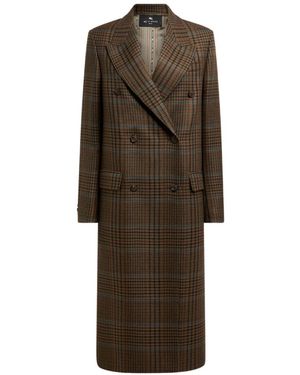 Etro Prince Of Wales Check-Pattern Wool Straigh Coat With Peak Lapel - Brown