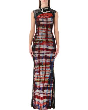 OTTOLINGER Racing Plaid Mesh Long Dress - Red
