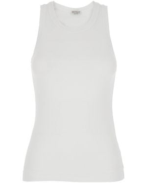 Brunello Cucinelli Crewneck Top With Monil Detail On The Front - White