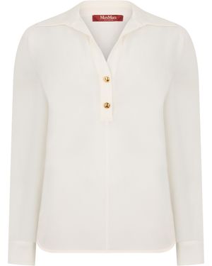 Max Mara Polo Top Long-Sleeve Silk Tops - White
