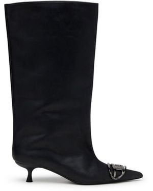DIESEL Oiled Leather Kitten-Heel Knee-High Boots - Black