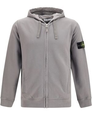 Stone Island Cotton Hoodie With Zip And Compass Logo - Grey