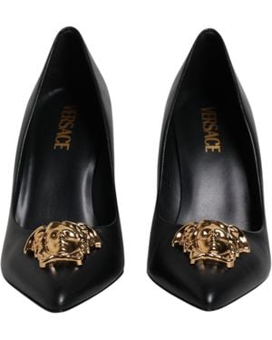 Versace Leather Logo Plaque High Heels Pumps Shoes Calf - Black