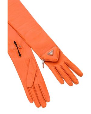 Prada Leather Long Gloves With Pouch - Orange