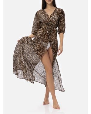 MC2 Saint Barth Cotton And Silk Long Dress Bliss With Animalier Print - Brown