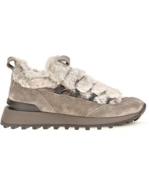 Brunello Cucinelli Suede And Tech Cotton Sneakers With Shearling Lining Monili Detail Upper: Suede; Sole: Rubber - White