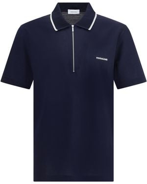 Ferragamo Cotton Zip Polo Shirts - Blue