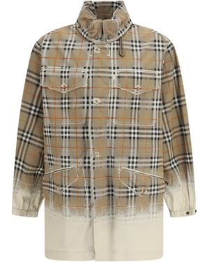 Burberry Gabardine Parka Faded Check Taupe - White