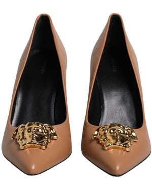 Versace Leather Logo Plaque High Heels Pumps Shoes Calf - Black
