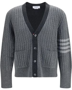 Thom Browne Virgin Wool V-Neck Cardigan Fleece Ovis Aries - Gray