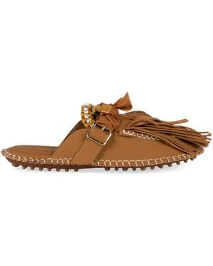 13 09 SR Puli Leather Mules Crystal Slippers - Brown