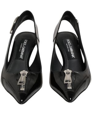 Dolce & Gabbana Zipper Leather Heels Slingbacks Shoes 100Lf - Black