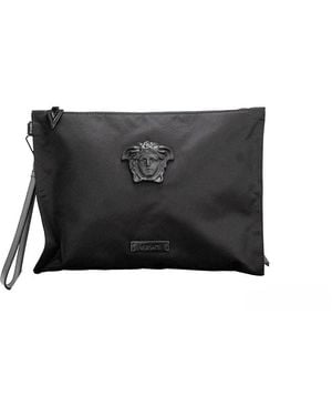 Versace Large Nylon Fabric Medusa Convertible Pouch Clutch Wristlet Bag - Black