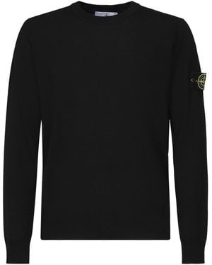 Stone Island Crewneck Sweater With Raised Stitching - Black