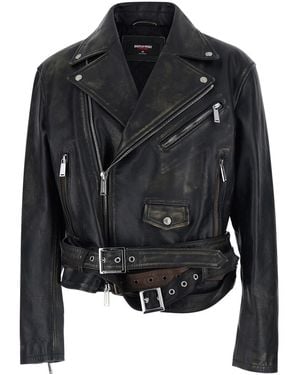 DSquared² 'D2 X Magliano' Biker Jacket With Wide Classic Lapels And Logoed Belt - Black