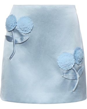 Self-Portrait Satin Mini Skirt With Floral Appliques - Blue
