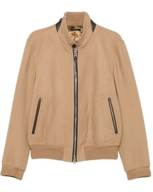 Tom Ford Virgin Wool Blend Bomber Jacket With Leather Insert On The Collar - Natural