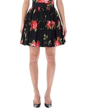 Dolce & Gabbana Rose Print Short Skirt Sicilian Cotton - Black