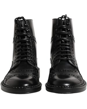 Dolce & Gabbana Leather Lace Up Mid Calf Boots Shoes - Black