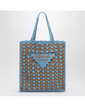 Prada Sky/Caramel Crochet Tote Bag With Logo - Blue