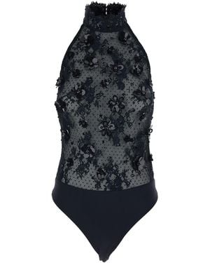 retroféte Bodysuit With Halterneck And All-Over Floral Embroider - Blue