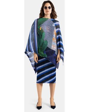 Pleats Please Issey Miyake Pleated Permanent City Collage Poncho Stole Top - Blue
