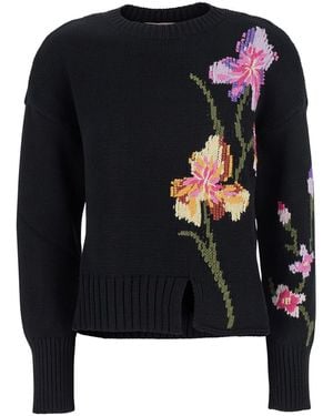 Twinset Jumper With Embroidered Flowers And Slit On The Front - Black