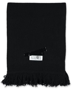 MM6 by Maison Margiela Fringed Wool Scarf With Logo Patch - Black