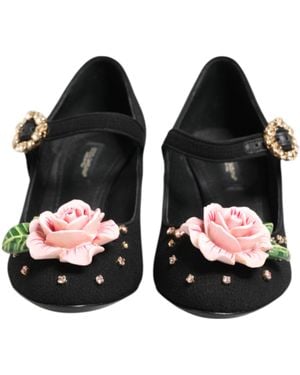 Dolce & Gabbana Flower Crystal Embellished Mary Jane Shoes Wool Rayon Goat Skin - Black