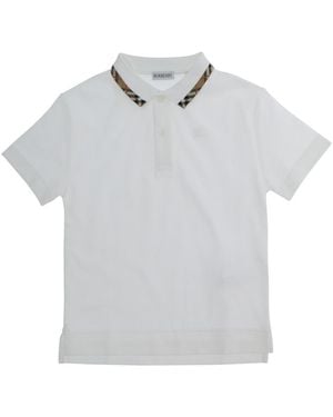 Burberry Cotton Polo Shirt With Check Collar, T-Shirts - Gray