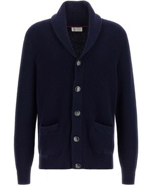 Brunello Cucinelli Brunello Cucinelli Ribbed Cotton Shawl-Neck Cardigan - Blue