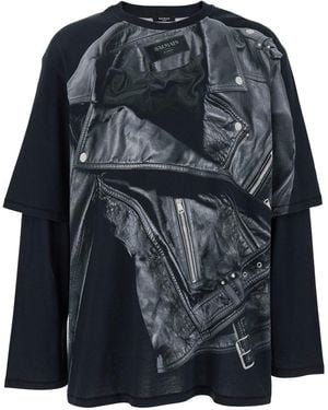 Balmain Leather Trompe L Il Ls T-Shirt - Black