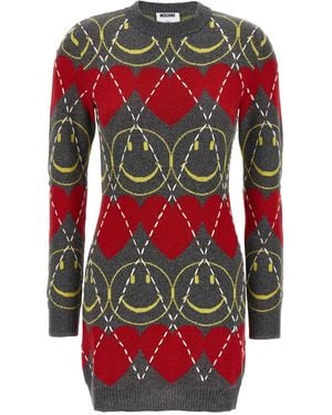 Moschino Wool Blend Mini Dress With Diamond-Stitched Pattern - Red