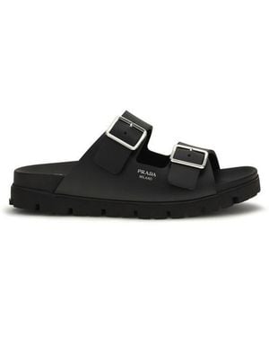 Prada Calf Leather Bos Taurus Flat Sandals - Black
