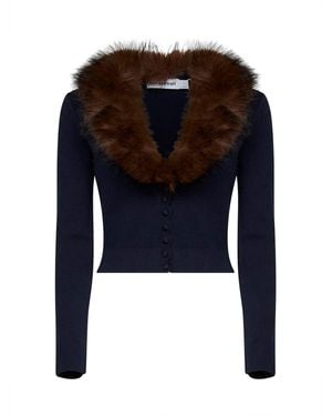 Self-Portrait Cardigan With Faux-Fur Collar Wool-Blend Cardigans - Blue