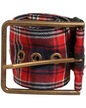 Dolce & Gabbana Plaid Fabric Logo Plate Brass Buckle Belt 100Lf - Red