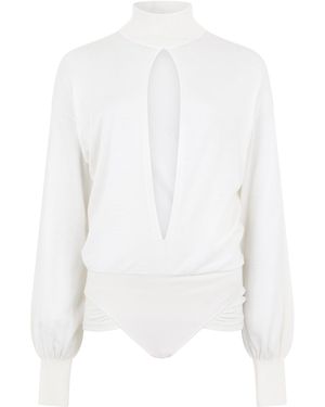 Alaïa Bodysuit Long-Sleeve Mesh Lamb Wool Tops - White
