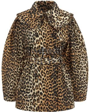 Ganni Leopard Duchesse Nylon Short Trench Coat Recycled Polyamide Coats - Brown