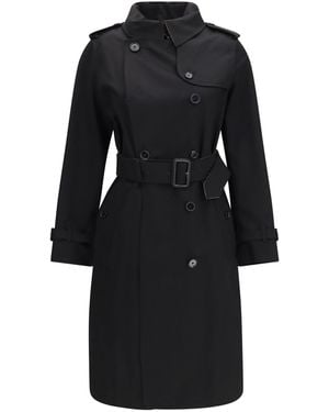 Burberry Long Gabardine Trench Coat With Check Collar Cotton - Black