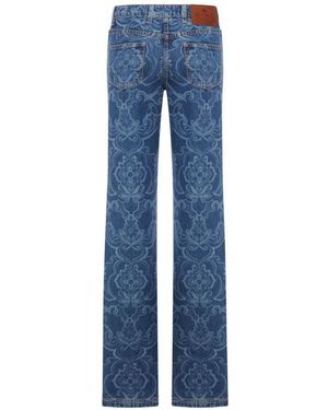 Etro Flared Cotton Denim Jeans With All-Over Floral Print - Blue