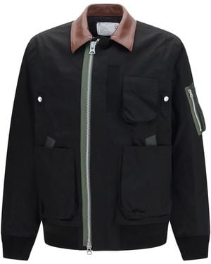 Sacai Cotton Bomber Jacket With Leather Details - Black